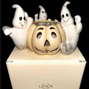 Spooky and glittery Lenox ghost and Jack-o-lantern pumpkin ceramic glazed decor